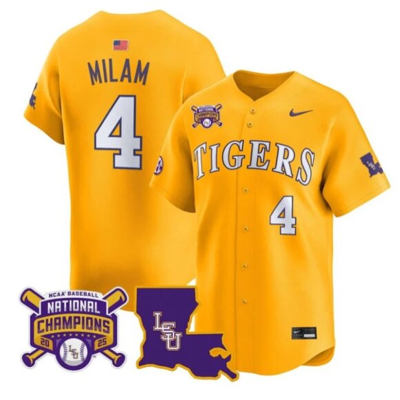 Mens Youths Kids Womens Steven Milam LSU Tigers 2025 CH Stitched Jersey Yellow